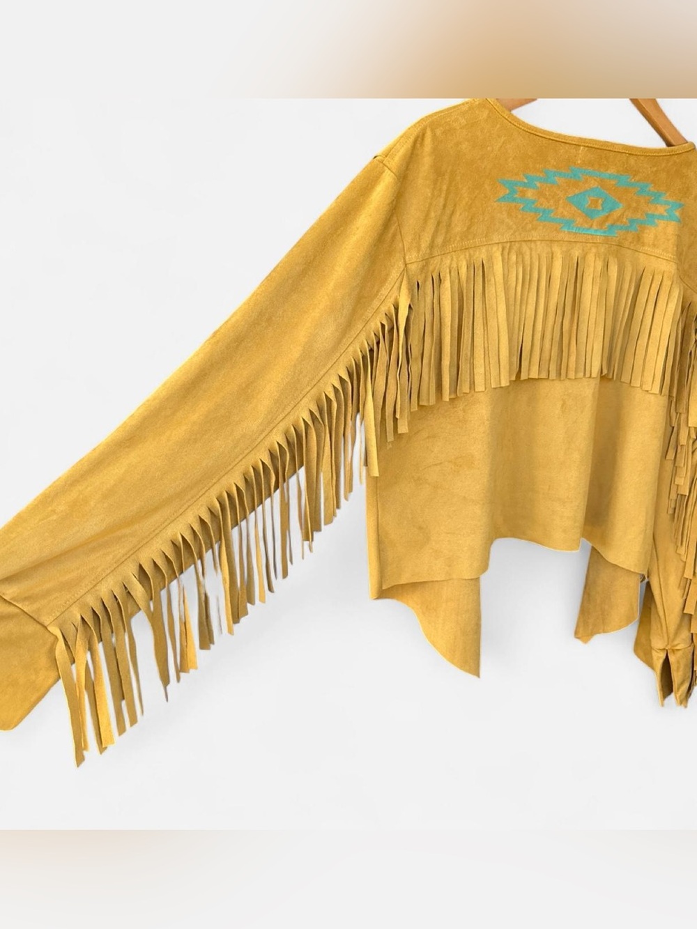 Southwestern Crazy Train Mustard Fringe Suede Jacket w Turquoise Aztec Detail L